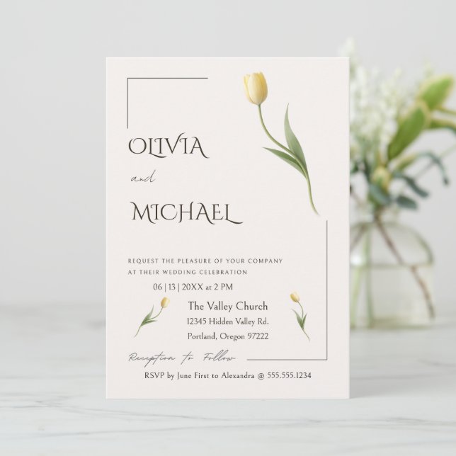 Convites Casamento Botânico Simples de Tulipa Elegante (Em pé/Frente)