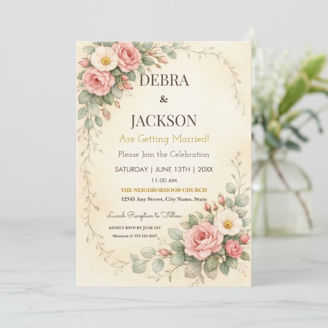 Convites Casamento Botânico Simples Elegante Floral (Em pé/Frente)