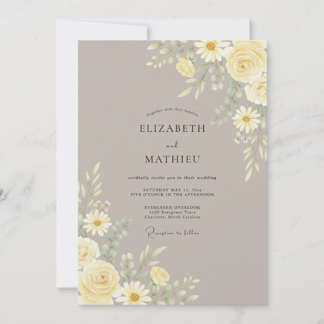 Convites Casamento Botânico Sóbrio em Taupe (Frente)