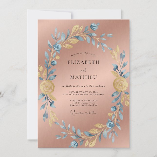 Convites Casamento Botânico Sofisticado em Rose Gold (Frente)