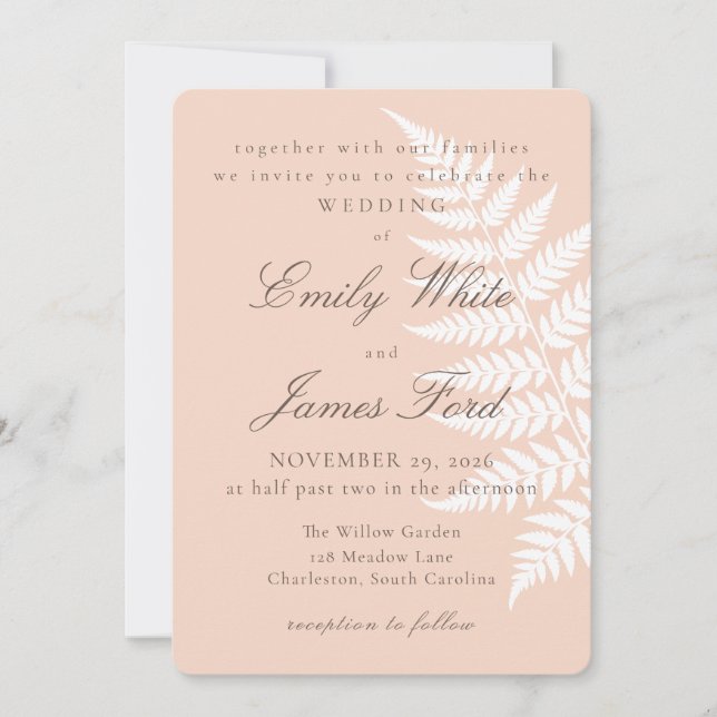 Convites Casamento Botânico Soft Peach White Fern 5x7 (Frente)
