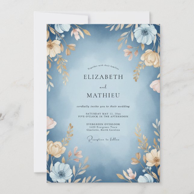 Convites Casamento Botânico Sonhador Azul Ardesia (Frente)
