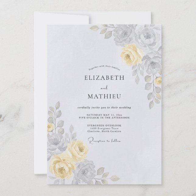 Convites Casamento Botânico Suave Amarelo Pálido (Frente)