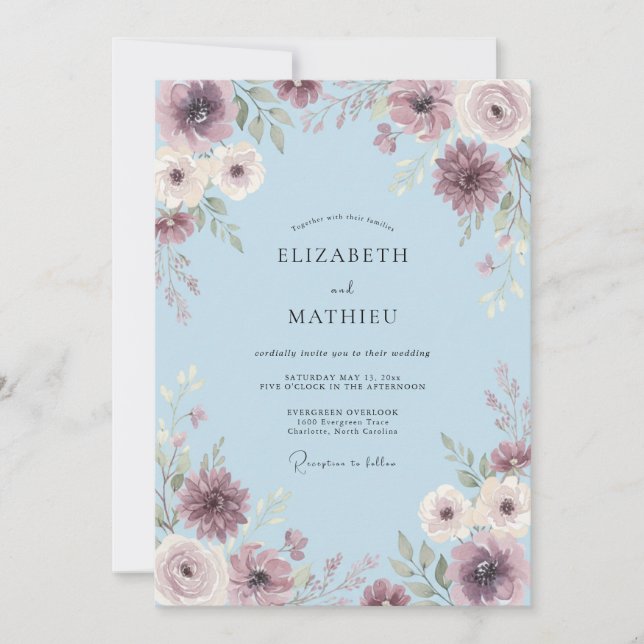Convites Casamento Botânico Suave Azul Pó (Frente)