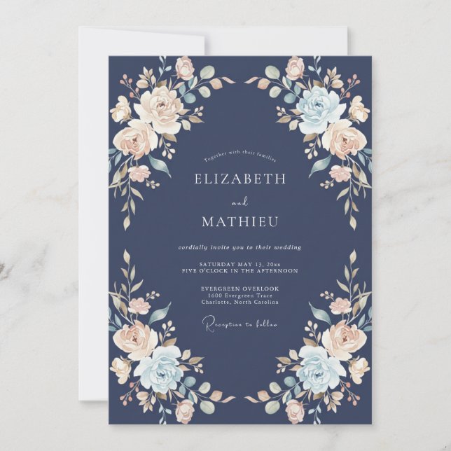 Convites Casamento Botânico Suntuoso Azul Naval (Frente)