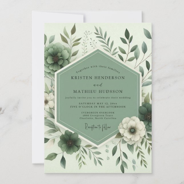 Convites Casamento Botânico Sutil Sage (Frente)