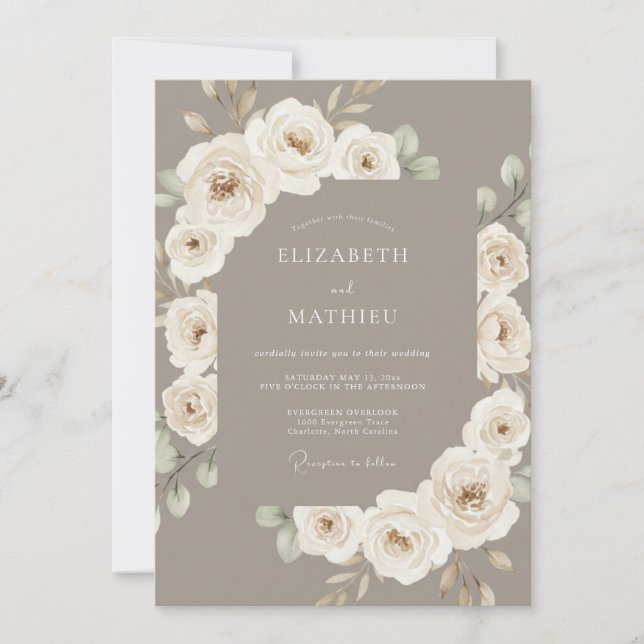 Convites Casamento Botânico Taupe Elegante (Frente)