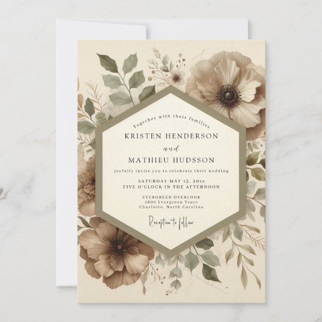Convites Casamento Botânico Taupe na Floresta (Frente)