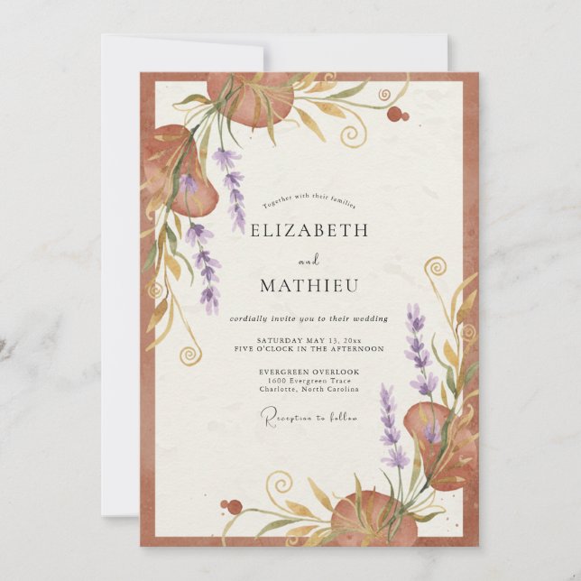 Convites Casamento Botânico Terracota Mauve (Frente)
