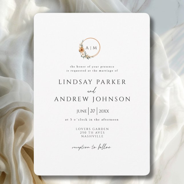 Convites Casamento Botânico Terroso de Cobre com Monograma  (Elegant Monogram Copper Earthy Botanical Wedding Invitation)