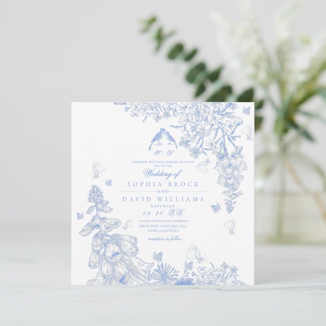 Convites Casamento Botânico Toile Azul Branco  (Em pé/Frente)
