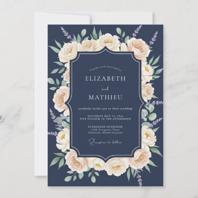 Convites Casamento Botânico Tradicional Azul-Marinho (Frente)