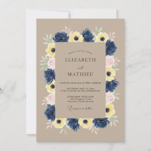 Convites Casamento Botânico Tranquilo Azul Marinho