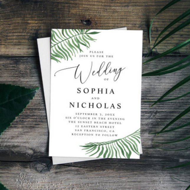 Convites Casamento botânico tropical aquarela. Folhas de pa (Criador carregado)