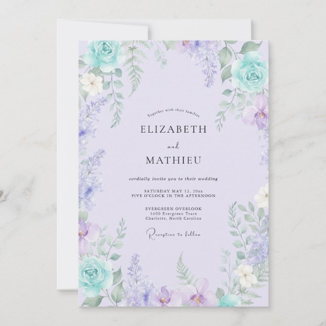 Convites Casamento Botânico Turquesa Lavanda (Frente)