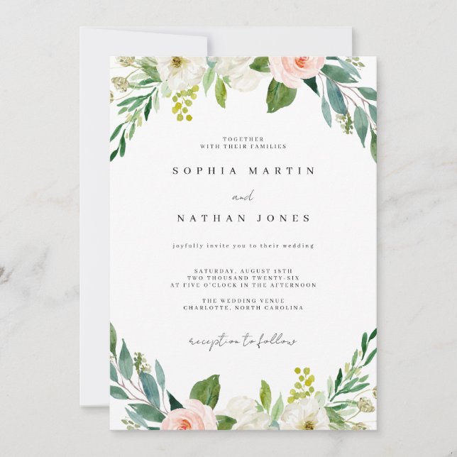 Convites Casamento Botânico Verde Beijo Aquarela (Frente)