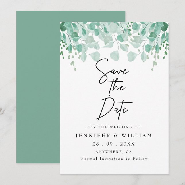 Convites Casamento Botânico Verde da Elegante Salve a Data (Frente/Verso)
