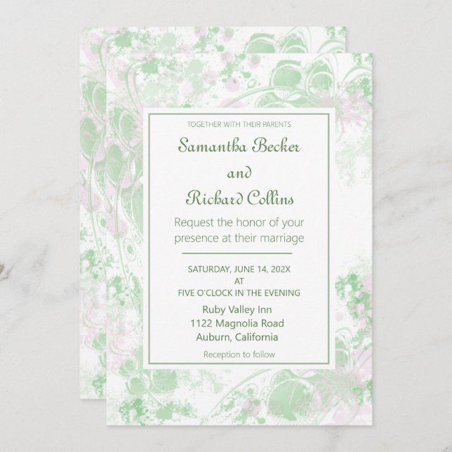 Convites Casamento Botânico Verde e Cor de Água Rosa (Frente/Verso)