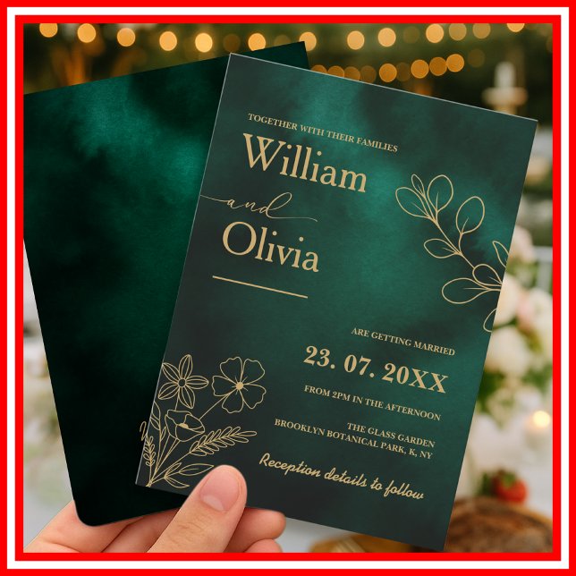 Convites Casamento Botânico Verde Esmeralda e Dourado (Criador carregado)