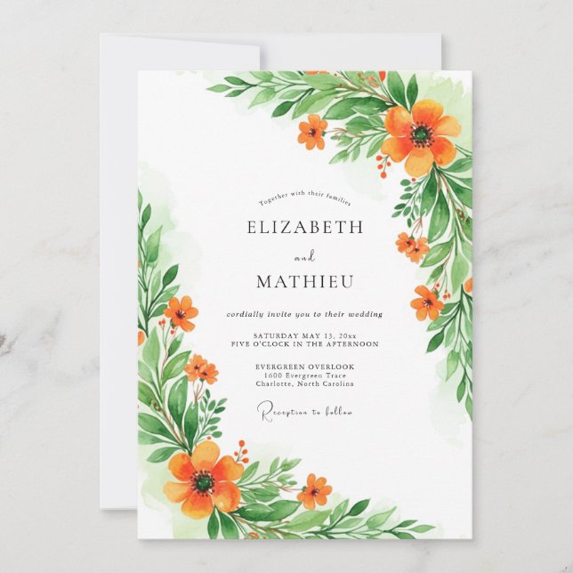 Convites Casamento Botânico Verde Laranja (Frente)