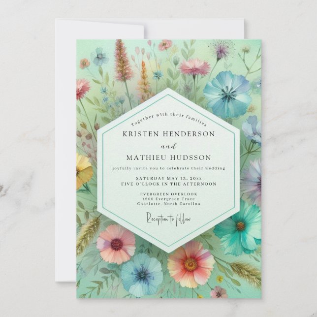 Convites Casamento Botânico Verde Menta Caprichoso (Frente)