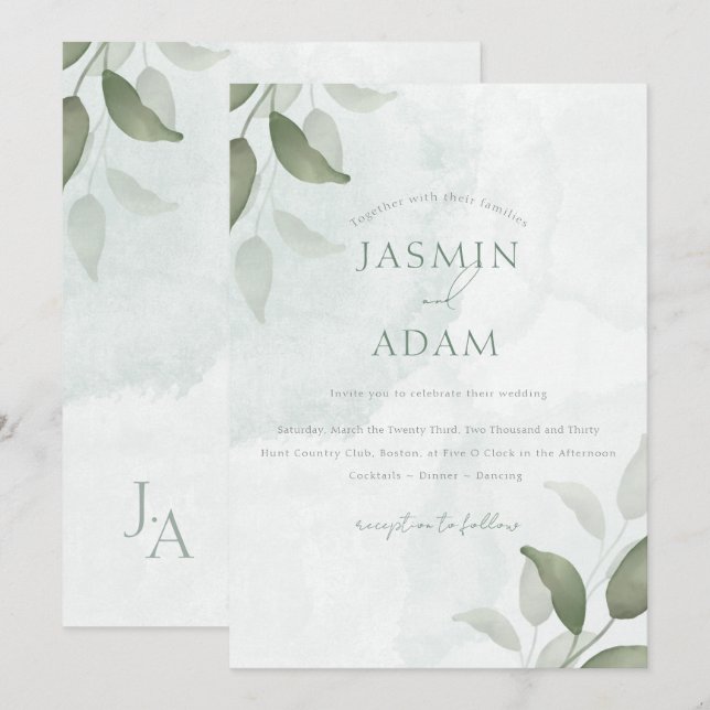 Convites Casamento Botânico Verde Sálvia Minimalista (Frente/Verso)