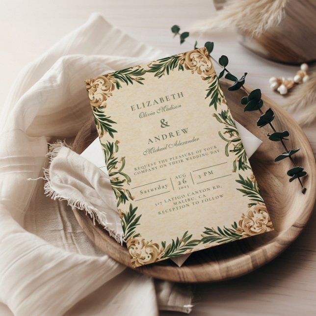 Convites Casamento Botânico Verde Vintage (Criador carregado)
