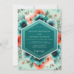 Convites Casamento Botânico Vibrante Coral Verde-água