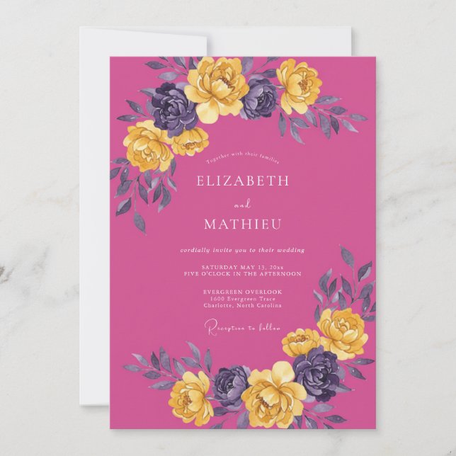 Convites Casamento Botânico Vibrante em Fuchsia (Frente)