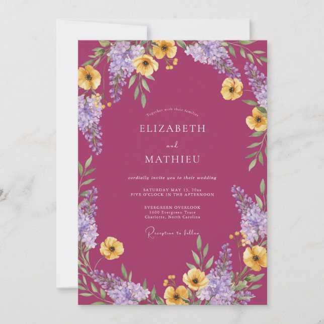 Convites Casamento Botânico Vibrante Magenta (Frente)