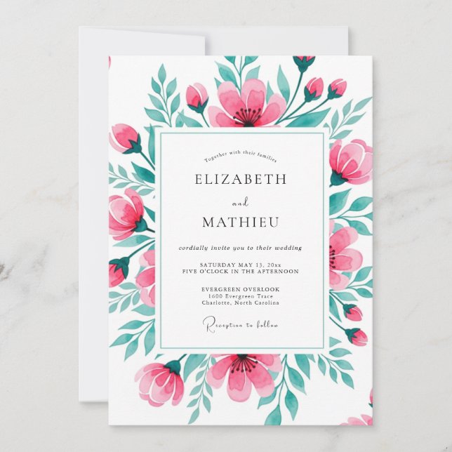 Convites Casamento Botânico Vibrante Rosa Teal (Frente)