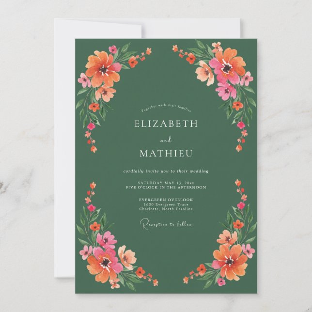 Convites Casamento Botânico Vibrante Verde Esmeralda (Frente)