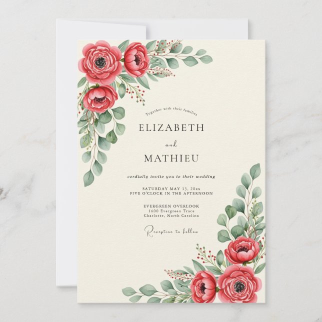 Convites Casamento Botânico Vibrante Vermelho (Frente)