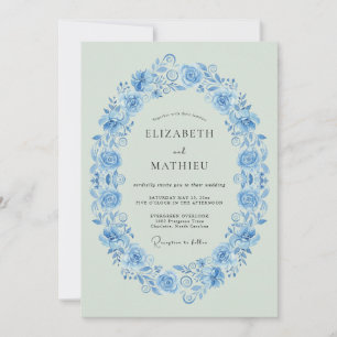 Convites Casamento Botânico Vintage Azul Centáurea
