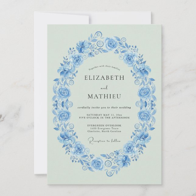 Convites Casamento Botânico Vintage Azul Centáurea (Frente)