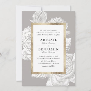 Convites Casamento botânico vintage cinza dourado rosa de l