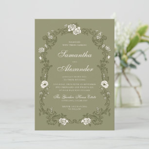 Convites Casamento Botânico Vintage em Verde Salvia