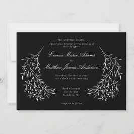 Convites Casamento Botânico Vintage Preto Folhagem Elegante