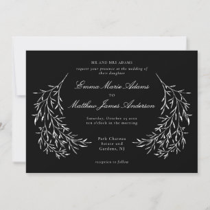 Convites Casamento Botânico Vintage Preto Folhagem Elegante
