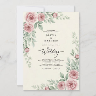 Convites Casamento Botânico Vintage Rosa Bege