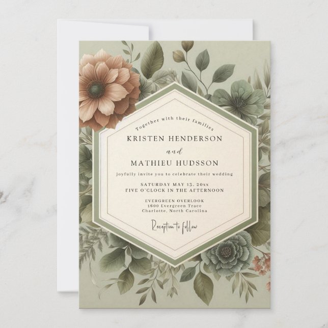 Convites Casamento Botânico Vintage Sage (Frente)