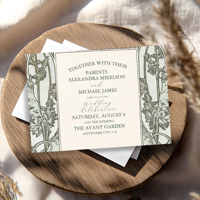 Convites Casamento Bougainvillea Green Art Nouveau Mucha (Criador carregado)