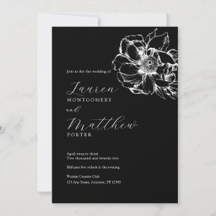 Convites Casamento Branca e Preto de Peonia Floral Moderna