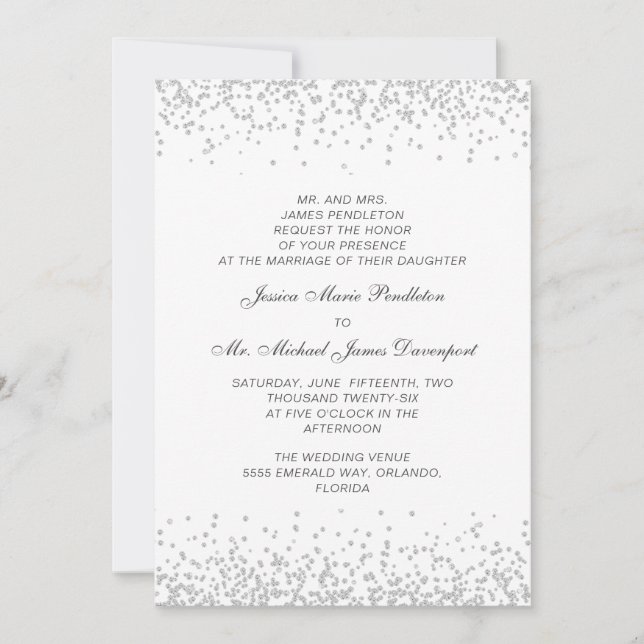 Convites Casamento Branca Elegante Formal com Brilho Prata (Frente)