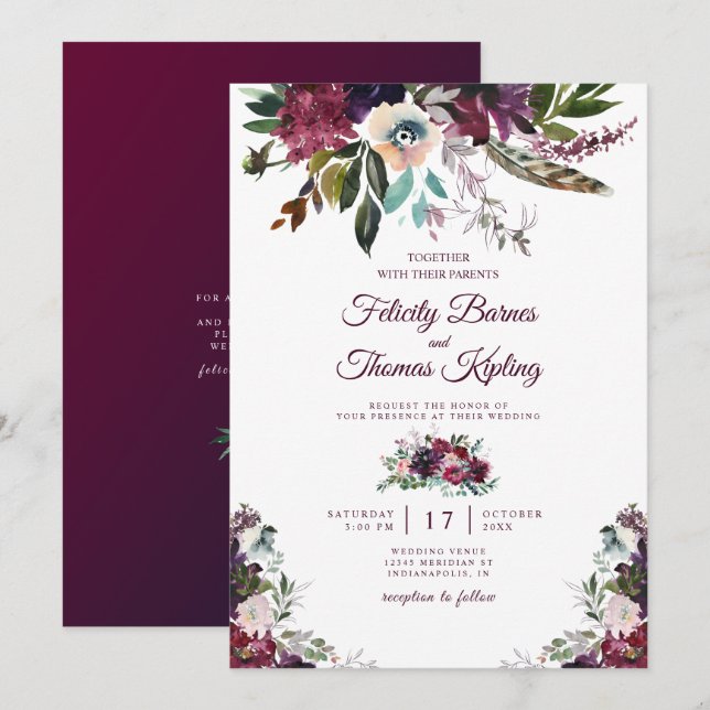 Convites Casamento Branca Floral Floral do Burgundy Splendo (Frente/Verso)