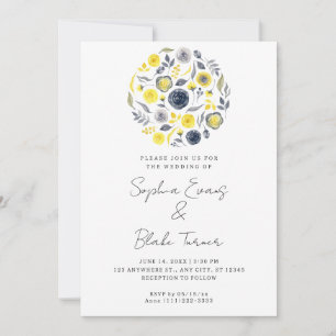 Convites Casamento Branco abstrato amarelo e Buquê azul