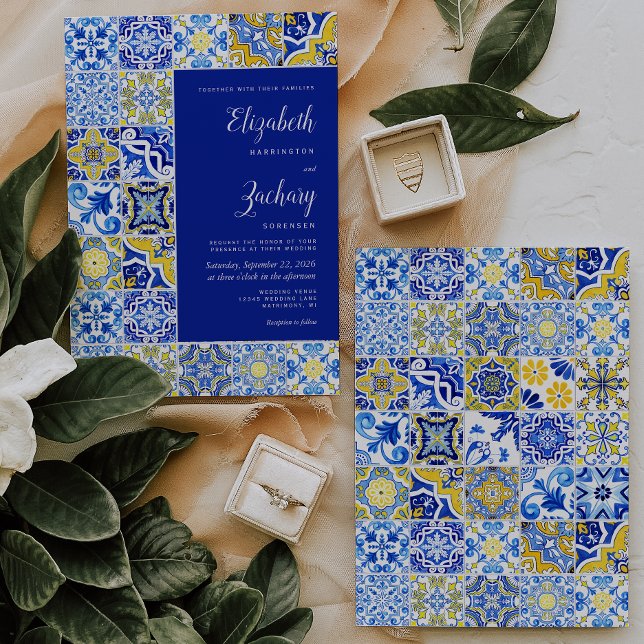 Convites Casamento Branco Amarelo Azul-Azulejo Russo (Criador carregado)