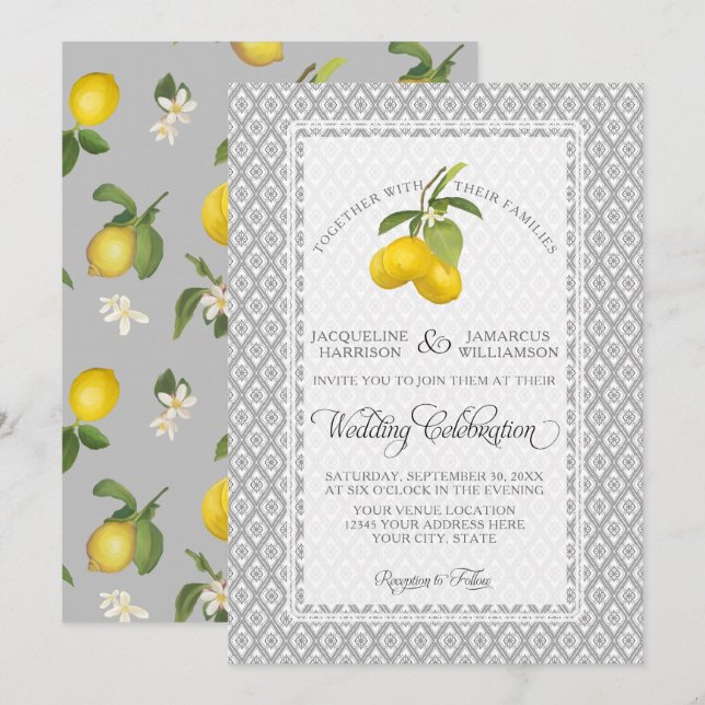 Convites Casamento Branco Amarelo-Cinza-Floral-Limão Citrus (Frente/Verso)