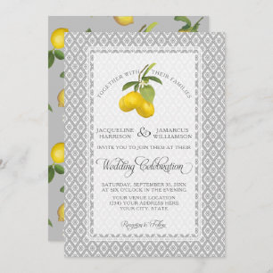 Convites Casamento Branco Amarelo-Cinza-Floral-Limão Citrus