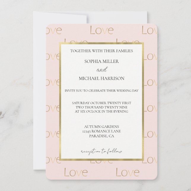 Convites Casamento Branco Amor Dourado Rosa Bege (Frente)